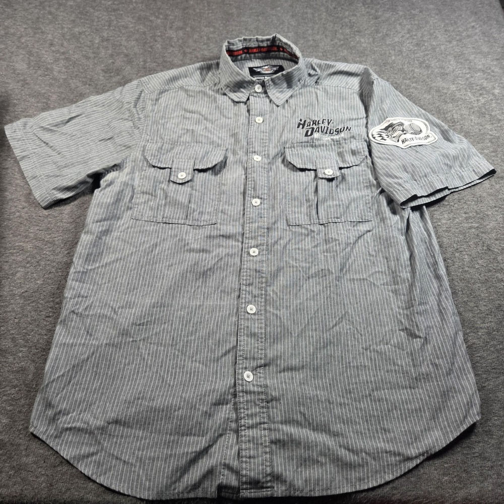 Harley-Davidson Shirt Mens Large Gray Striped Short Sleeve Button Front Patch - Picture 2 of 8
